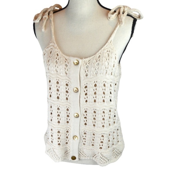 mo:vint Cream Color Crochet Open Knit Button Down Tank, Size Small - Picture 1 of 7